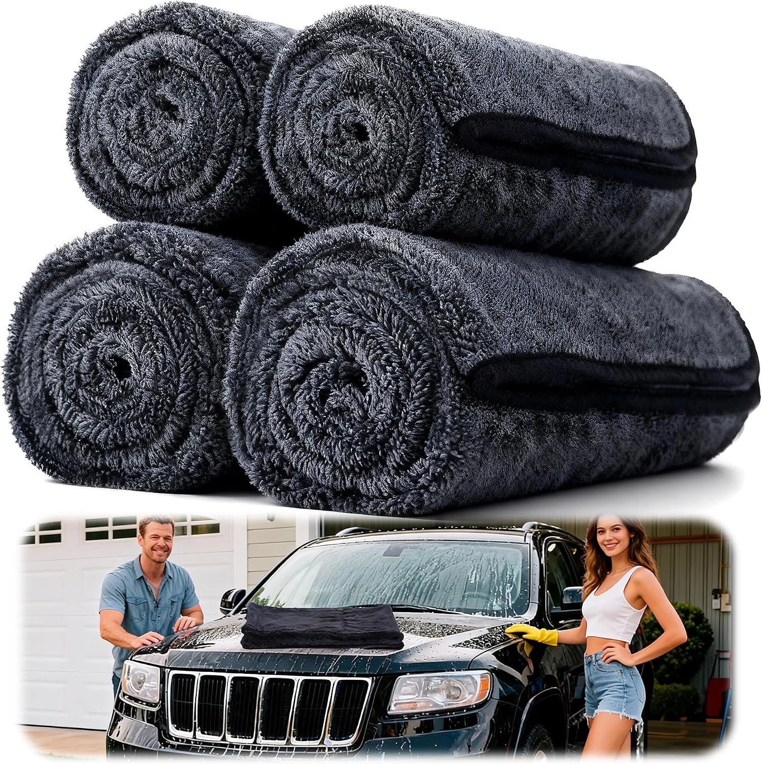 Aidoclip 4PCS Car Drying Towel Microfiber Detailing Kit - 36x24 in Car Towels Cleaning Supplies, Reusable Shammy Quick Dry Cloth for Carwash, for Auto, Boat, RV, Garage & Home (Black)