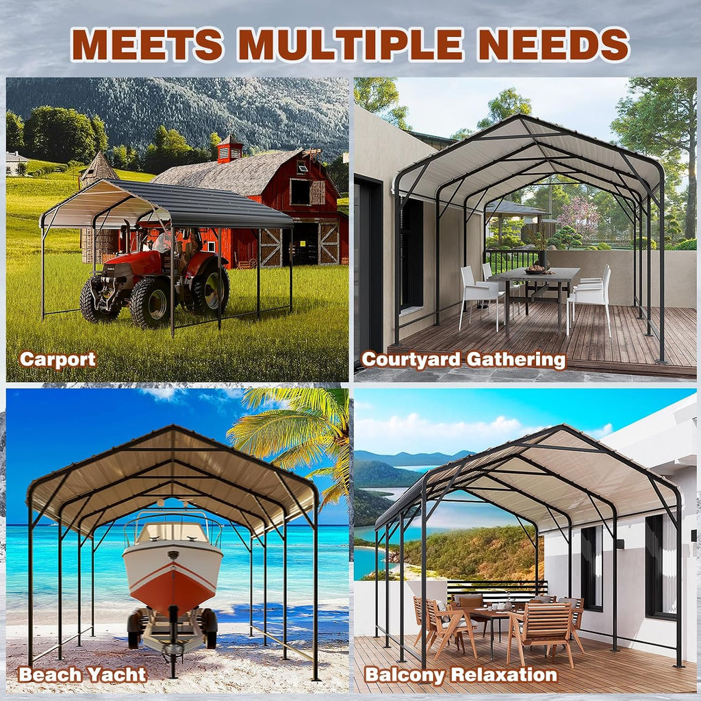 leveleve 10x15 ft heavy-duty metal carport, galvanized steel, front angle view