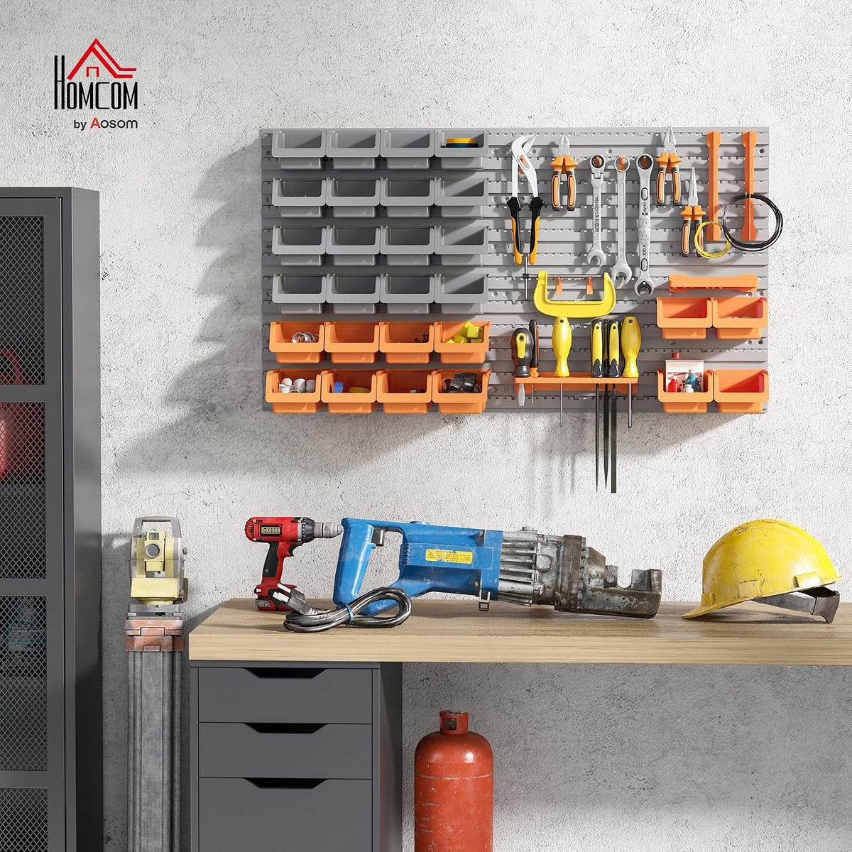 durhand wall mounted storage bins pegboard tool organizer shown in use