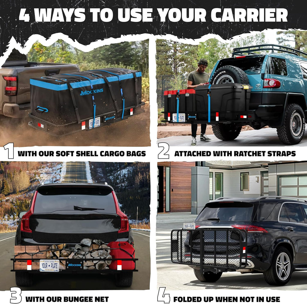 Mockins 60"x24"x6" Heavy Duty Steel Folding Trailer Hitch Cargo Carrier | w/ 25 Cu Ft Waterproof Cargo Bag for Hitch Carrier | 500 lbs Luggage Rack for SUV Car & Truck w/ Plate Bracket & Accessories