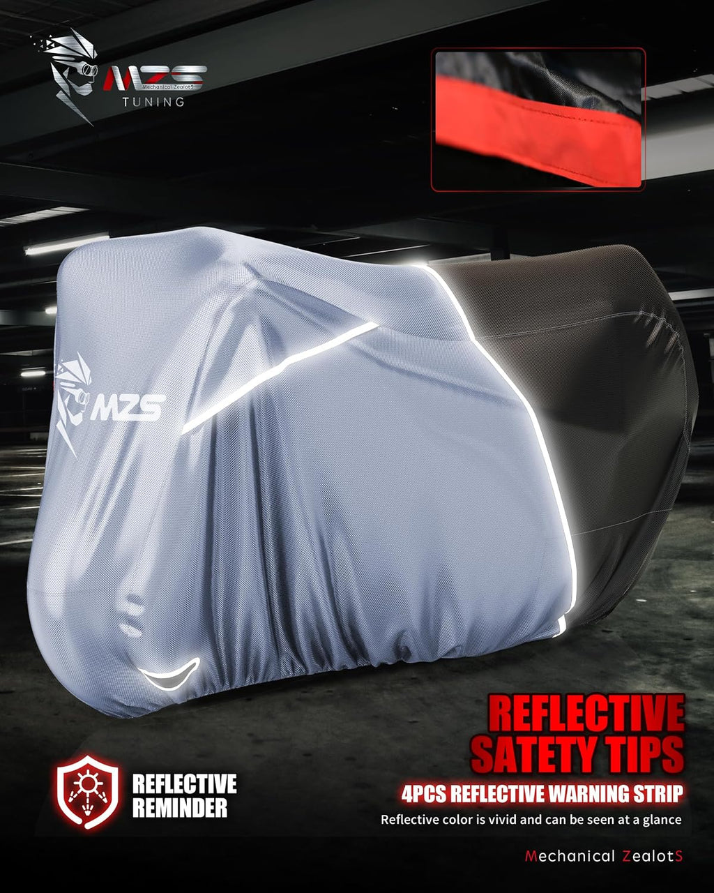 MZS Motorcycle Cover Waterproof Outdoor, Heavy Duty All Season Weather Sun Protection with Storage Bag Vents Night Reflective Cotton Lining Lock Holes fits up to 86" Motorbikes Vehicle Covers