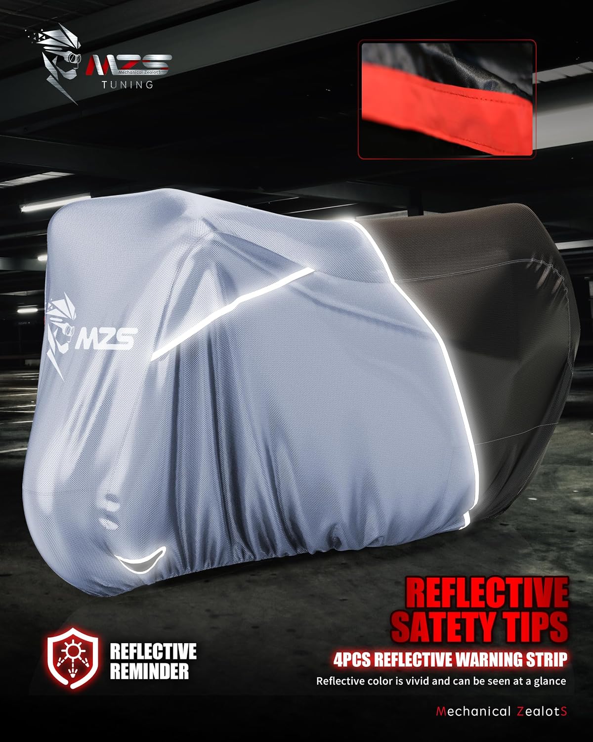 MZS Motorcycle Cover Waterproof Outdoor, Heavy Duty All Season Weather Sun Protection with Storage Bag Vents Night Reflective Cotton Lining Lock Holes fits up to 86" Motorbikes Vehicle Covers