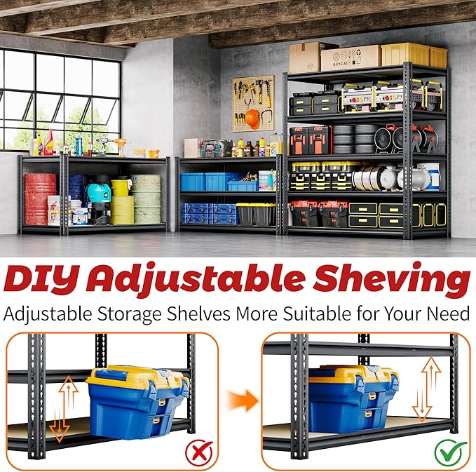 72"H Storage Shelves heavy duty, 2200LBS Garage Shelving, 5 Tier Metal Shelving - Image 6