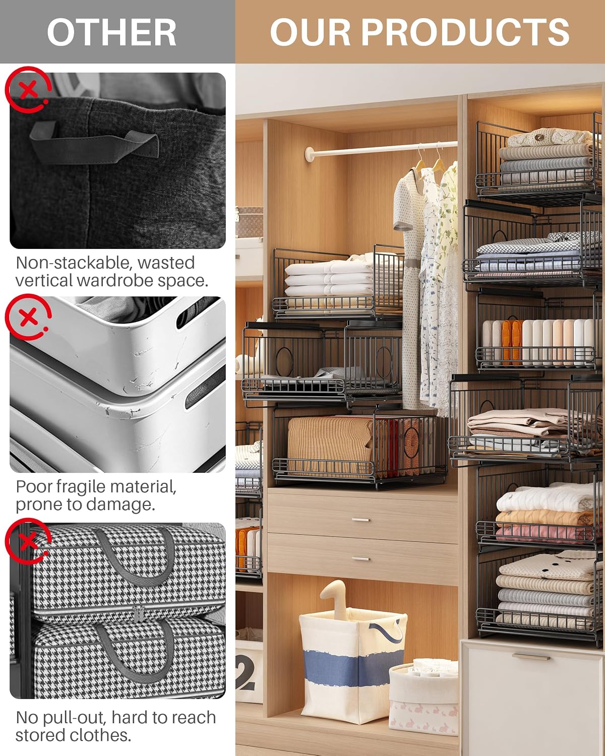 sliding stackable closet organizer storage basket,black, side view