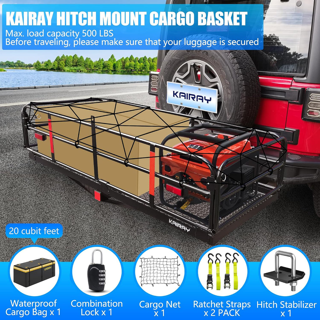 KAIRAY 500 Lbs Heavy Duty Hitch Mount Cargo Carrier 60"x24"x14.4" Folding Rear Luggage Rack Basket Fits 2" Receiver for Car SUV Camping Traveling with Stablizer Waterproof Bag Net Ratchet Straps Lock