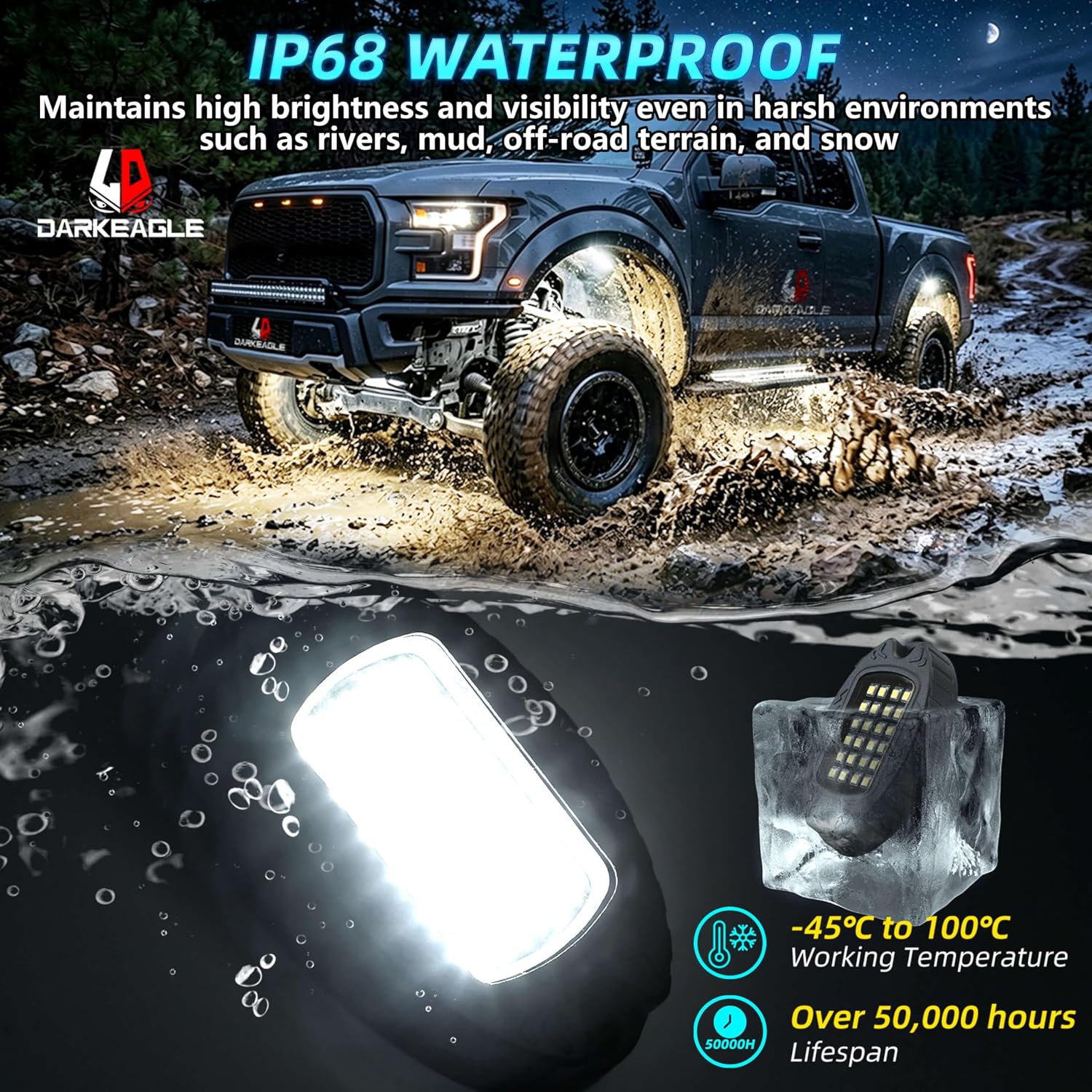 20Pods Metal All Pure White LED Rock Lights Full Kit Plug and Play&Pre Wired 6500K with Switch Wiring Harness Extension Fuse, 480Chip Aluminum Waterproof Underglow 12V for Semi Truck Pickup Offroad