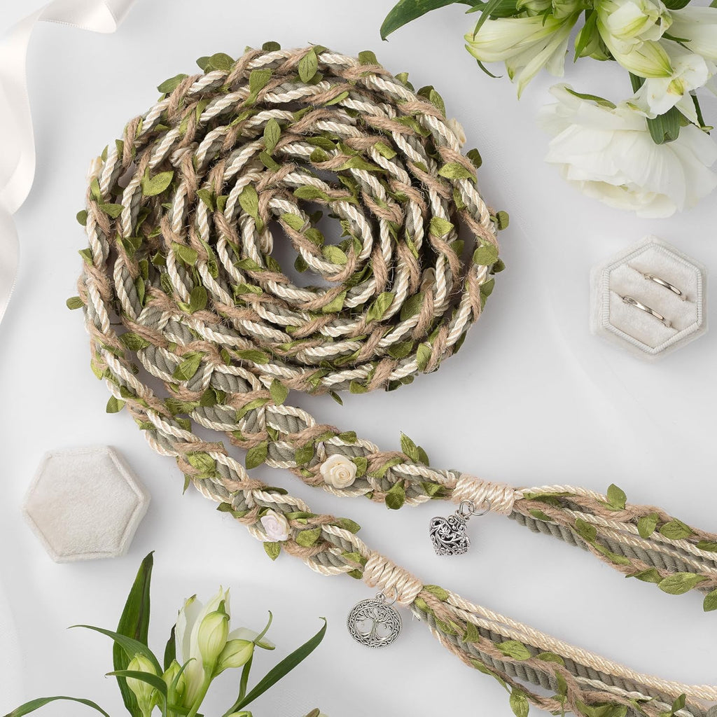 Handmade Celtic Wedding Handfasting Cord - Sage Green Braided Ceremony Rope - Double Electroplated Pendants - Heirloom Keepsake in Gift Box