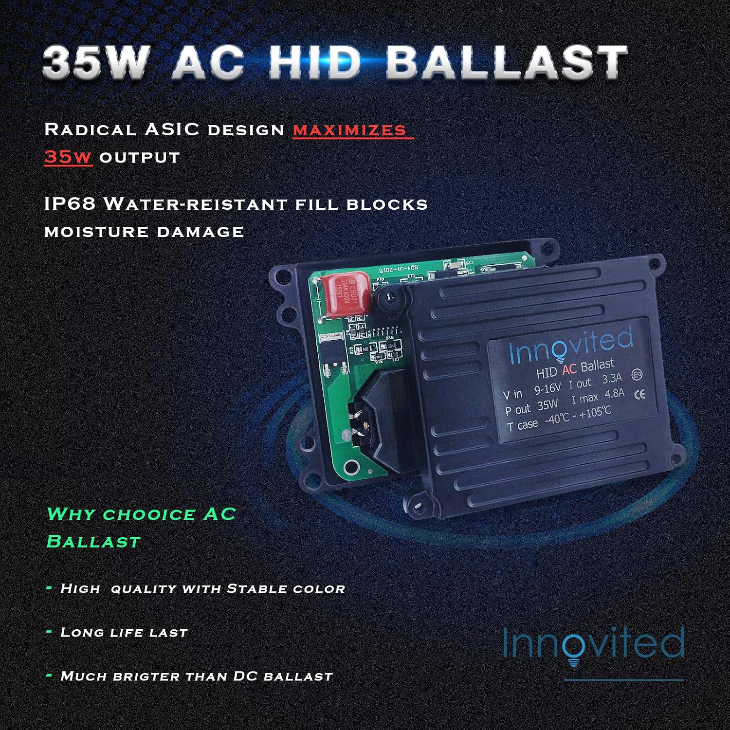 2pcs Innovited 35w Ac Digital Ballast for H1 H3 H4 H7 H10 H11 9005 9006 D2r D2s Universal Fit