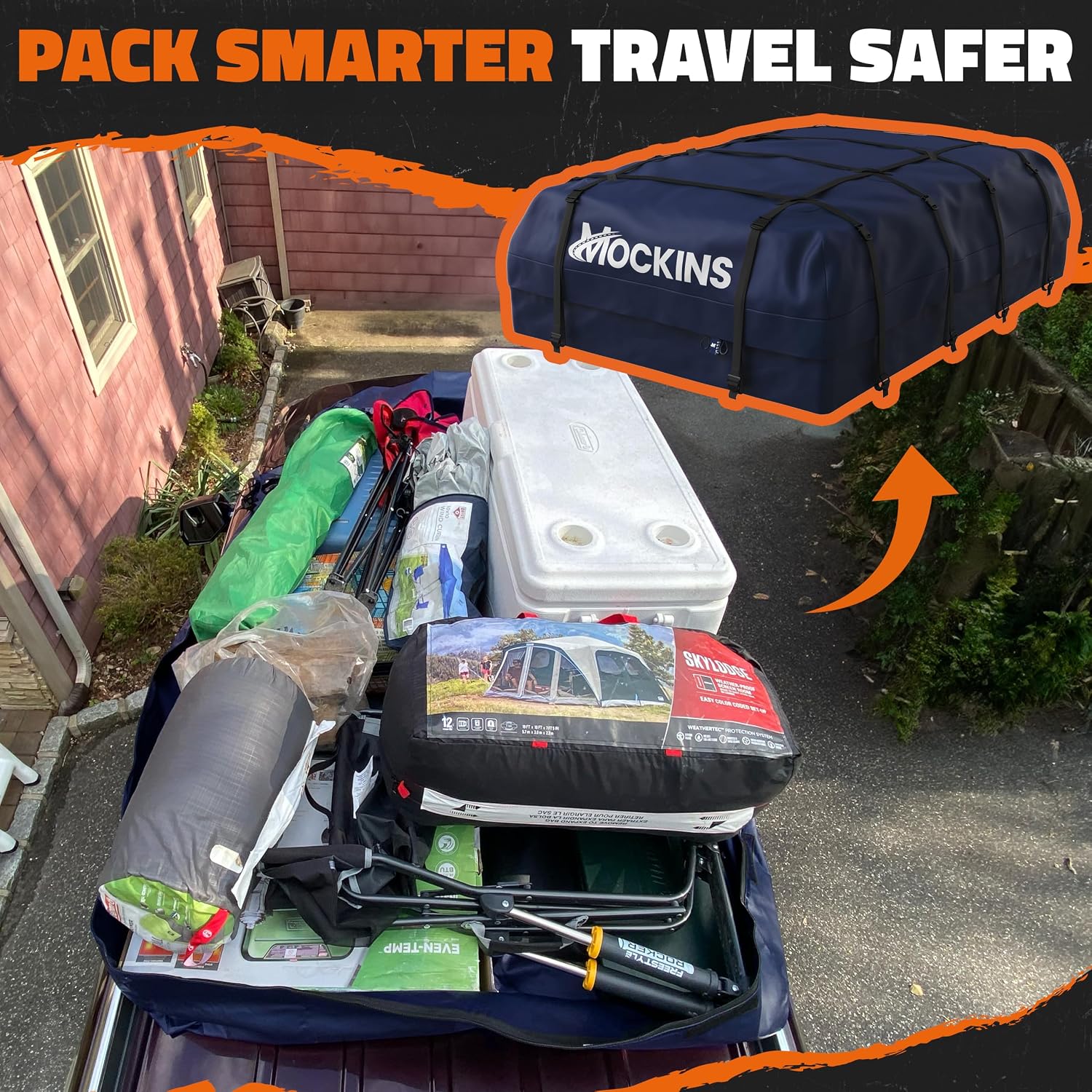 Mockins 30 Cu Ft Navy Blue Heavy Duty Rooftop Cargo Carrier Bag 60"x43"x20" | 840D Car Top Carrier Without Roof Rack | Waterproof Soft Roof Cargo Bag for Top of Car Storage w/Mat, Lock, Hooks & Straps