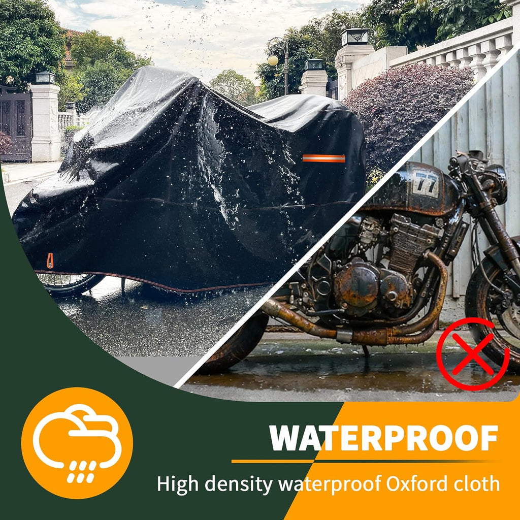 Enzeno Motorcycle Cover 210D Oxford Fabric Motorcycle Covers Waterproof Outdoor Windproof Dustproof Moped Cover with snap Fastener 245x105x125cm Motorcycle tarp Motorbike Cover Black
