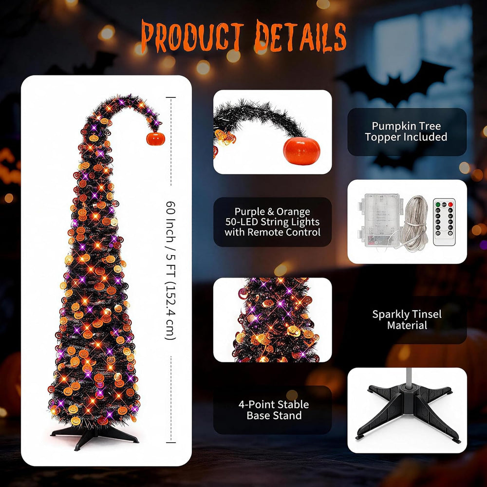 Curved Pumpkin Halloween Tree 5FT with Remote Timer Purple Orange Lights
