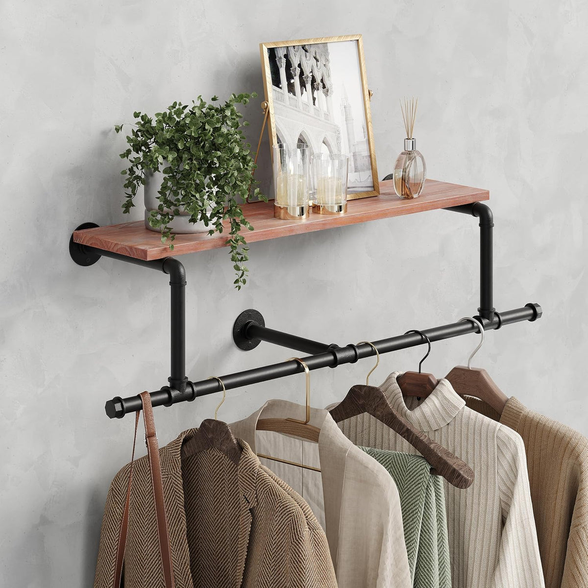 36in industrial pipe clothing rack with top shelf, main product view