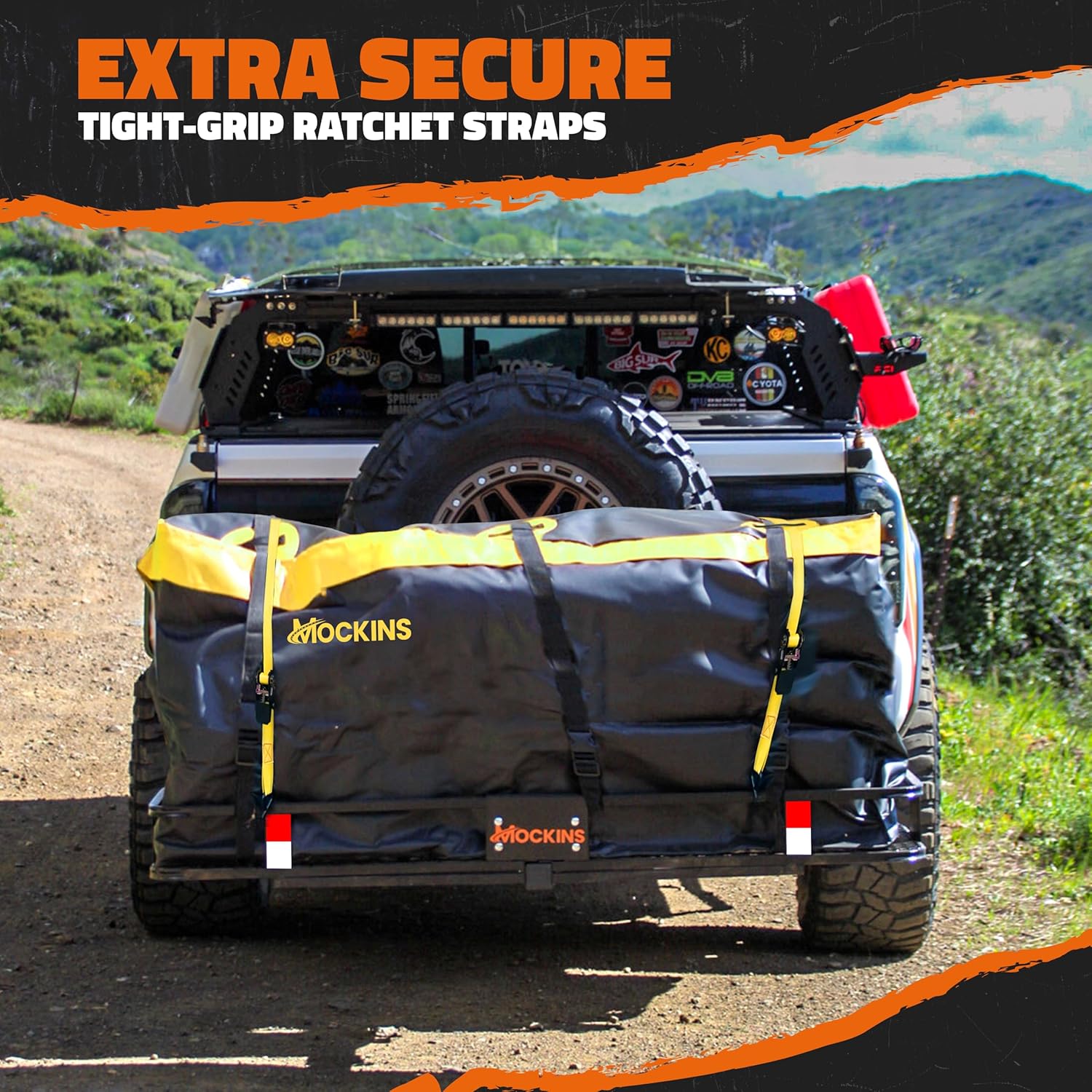 Mockins 20 CuFt Waterproof Cargo Bag for Hitch Carrier All-Weather 500D PVC | 60"x20"x29" Trailer Hitch Cargo Carrier Bag | Truck Bed Storage w/ Straps, Lock & Bag | Rugged Vehicle Soft-Shell Carriers