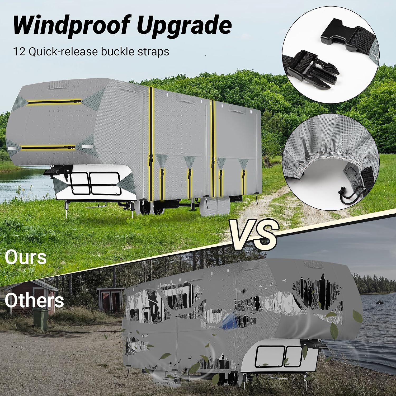 5th Wheel RV Cover 28-31ft, Upgraded 7-Layer Thick | 400 LBS Tearproof, Waterproof, Anti-UV & Windproof Camper Cover w/Tongue Jack Cover, Gutter Covers, Tire Covers, Stair Cover, Straps & Storage Bag