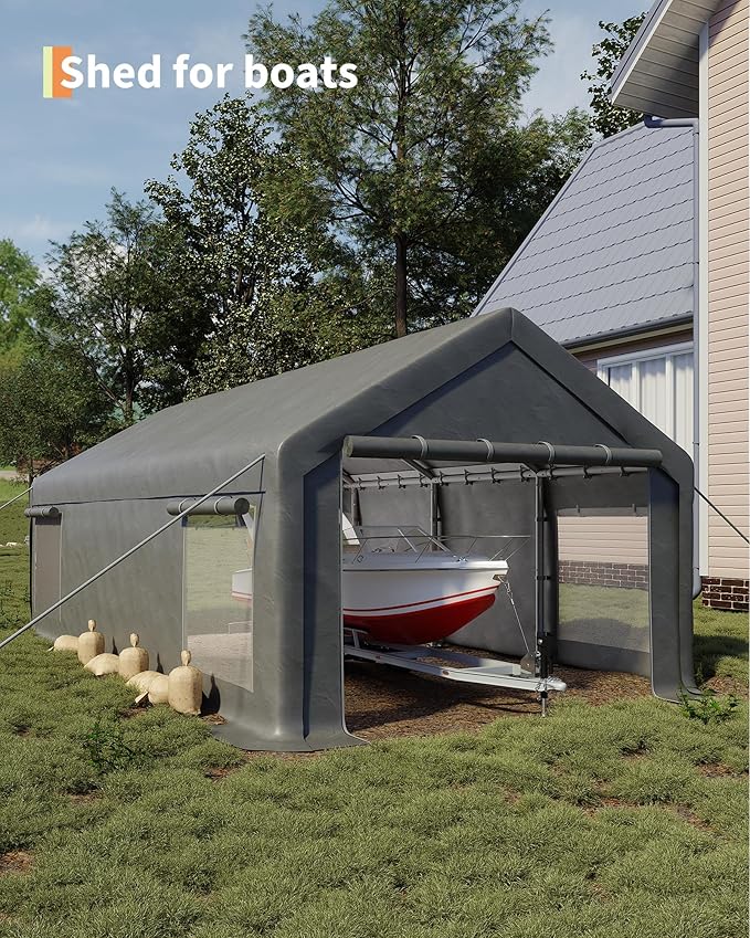 13x25 Ft Carport with 10 Sandbags, Car Port with 220g PE Tarp, 2 Roll-Up Doors - Image 6