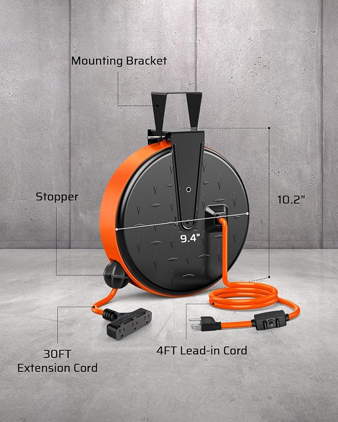 DEWENWILS 30FT Extension Cord Reel, 16/3 Gauge SJTW Power Cord, Retractable - Image 5