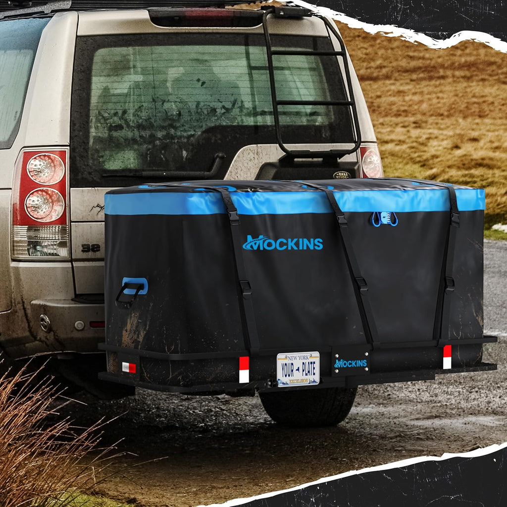 Mockins 60"x24"x6" Heavy Duty Steel Folding Trailer Hitch Cargo Carrier | w/ 25 Cu Ft Waterproof Cargo Bag for Hitch Carrier | 500 lbs Luggage Rack for SUV Car & Truck w/ Plate Bracket & Accessories