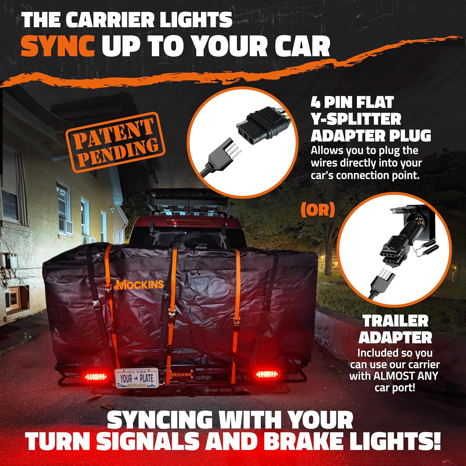 Mockins 72"x36"x6" XXL Folding Trailer Hitch Cargo Carrier w/ 500 Lbs Cap | W/ 50 CuFt Waterproof Cargo Bag for Hitch Carrier | Luggage Rack for SUV Car & Truck w/ Lights, License Plate Holder & More