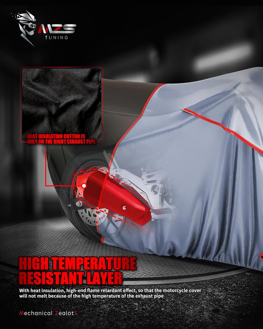 MZS Motorcycle Cover Waterproof Outdoor, Heavy Duty All Season Weather Sun Protection with Storage Bag Vents Night Reflective Cotton Lining Lock Holes fits up to 86" Motorbikes Vehicle Covers