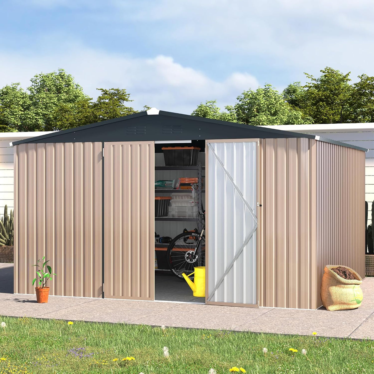 AECOJOY 12' x 10' Outdoor Storage Shed, Large 10x12 Metal Sheds & Outdoor