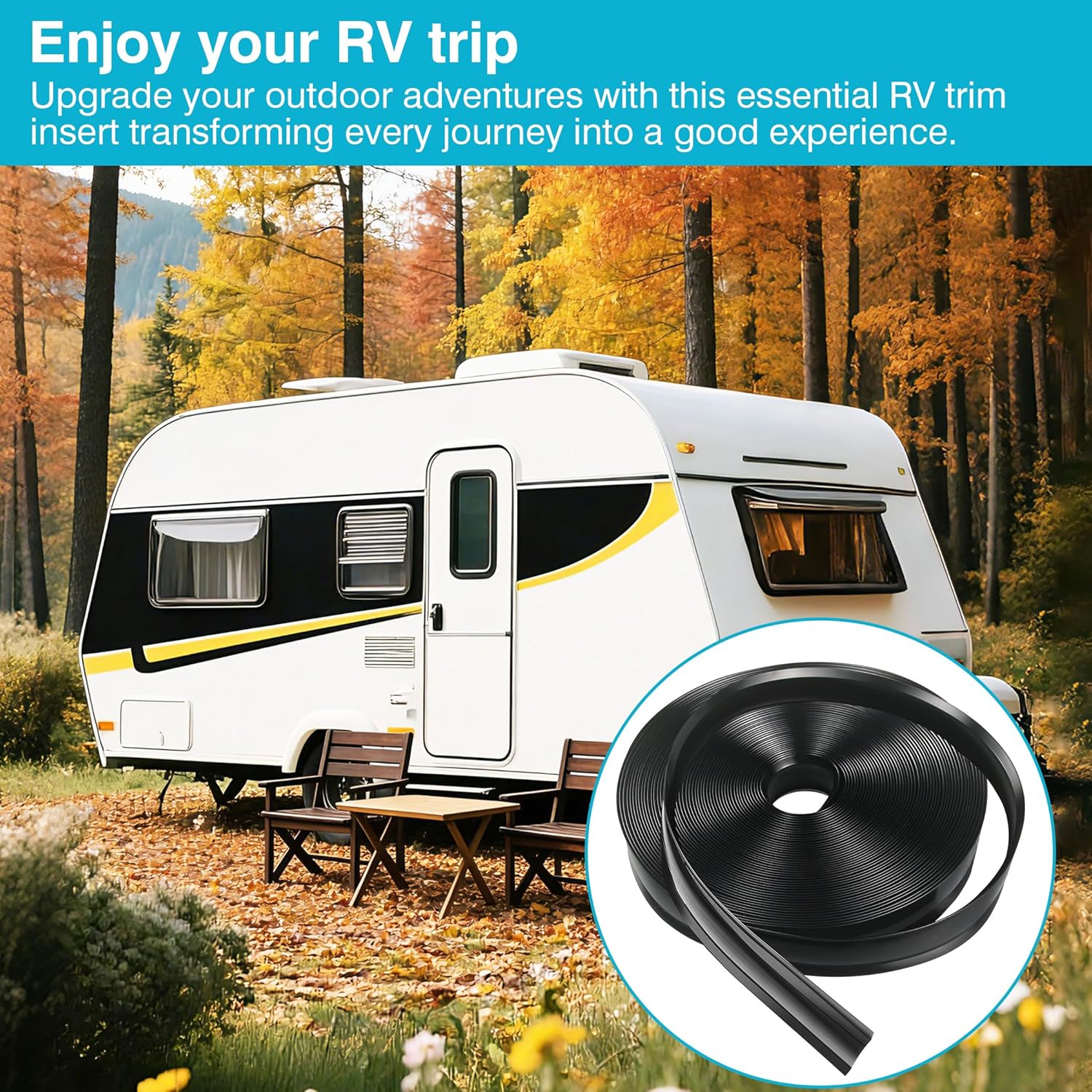 50 FT RV Trim Molding Insert, UV-Resistant RV Weather Stripping Exterior Replacement, Rubber Trim for Camper Travel Trailer Screw Cover Corner Gutter Channel Roof Edge, Vinyl Trim Insert 1 Inch Black