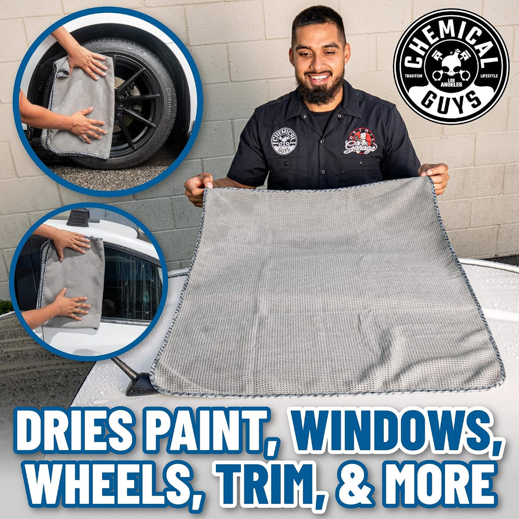 Chemical Guys Waffle Weave Gray Matter Microfiber Drying Towel - 25" x 36", Premium Blend Microfiber Towel with Soft-Banded Edging for Scratch-Free Car Drying, Ultra Absorbent