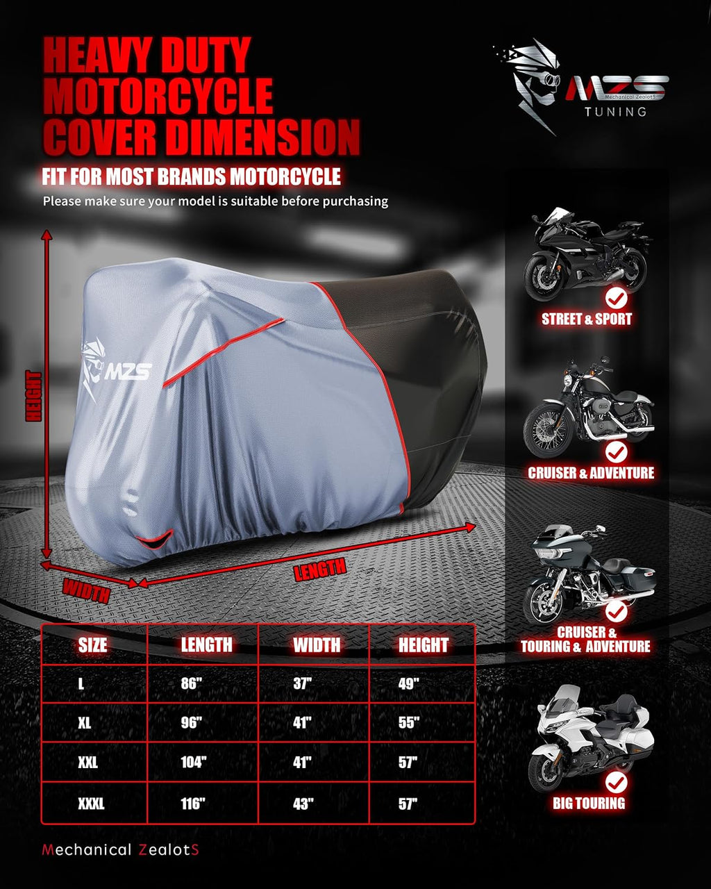 MZS Motorcycle Cover Waterproof Outdoor, Heavy Duty All Season Weather Sun Protection with Storage Bag Vents Night Reflective Cotton Lining Lock Holes fits up to 86" Motorbikes Vehicle Covers