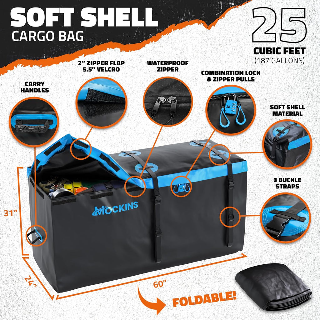 Mockins 60"x24"x6" Heavy Duty Steel Folding Trailer Hitch Cargo Carrier | w/ 25 Cu Ft Waterproof Cargo Bag for Hitch Carrier | 500 lbs Luggage Rack for SUV Car & Truck w/ Plate Bracket & Accessories