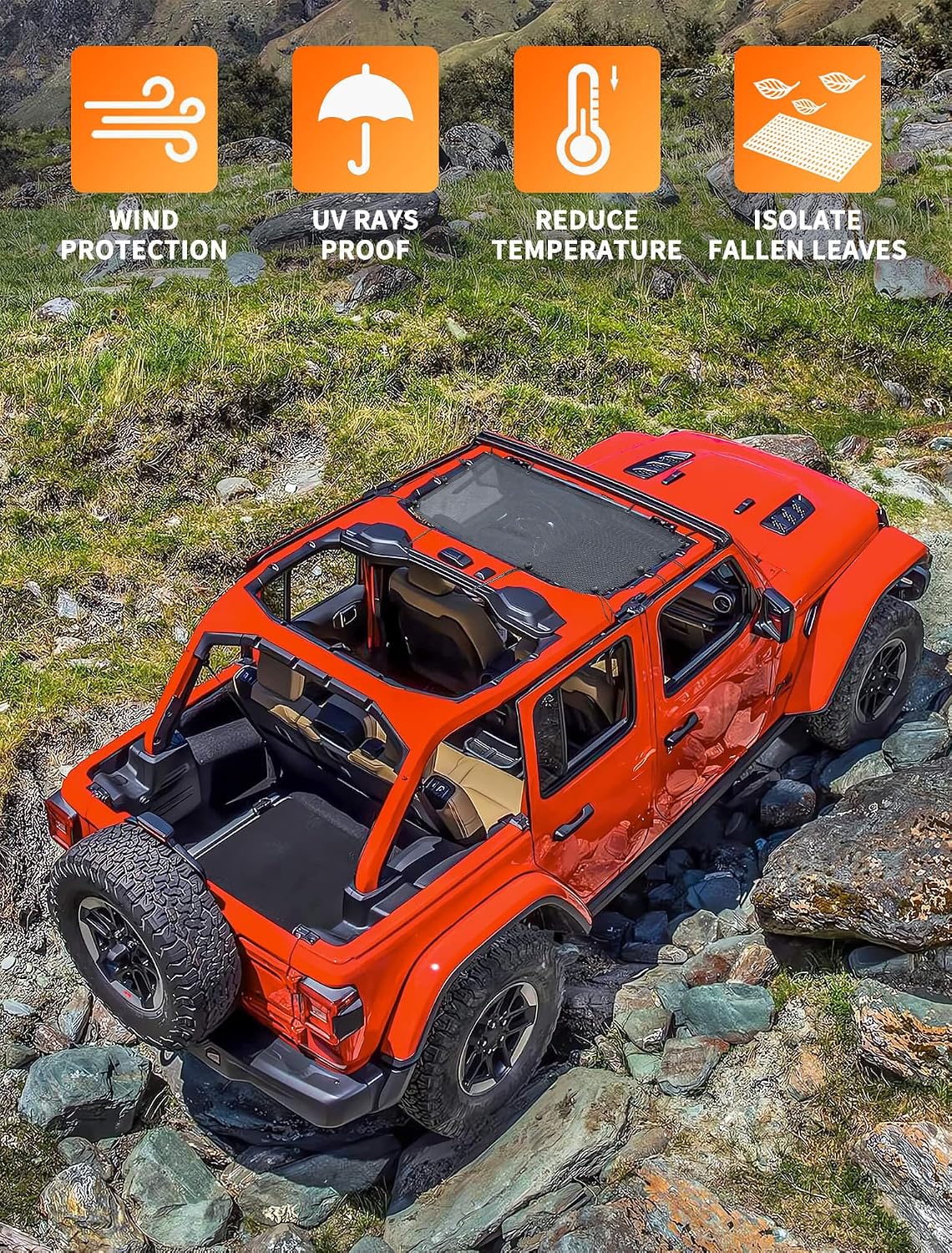 Savadicar Mesh Shade Top, Roof Sunshade Cover for 2018-2023 Jeep Wrangler JL JLU 4XE & Gladiator JT, UV Protection & Heat Reduction for Enhanced Comfort on the Road, Durable Polyester, Black