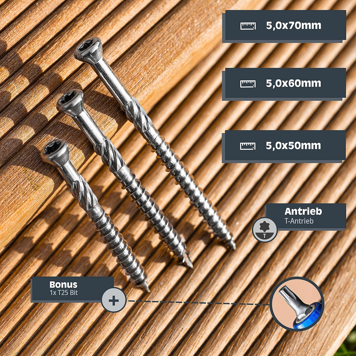 helpmate terrace screws 5 x 50 stainless steel, close-up detail