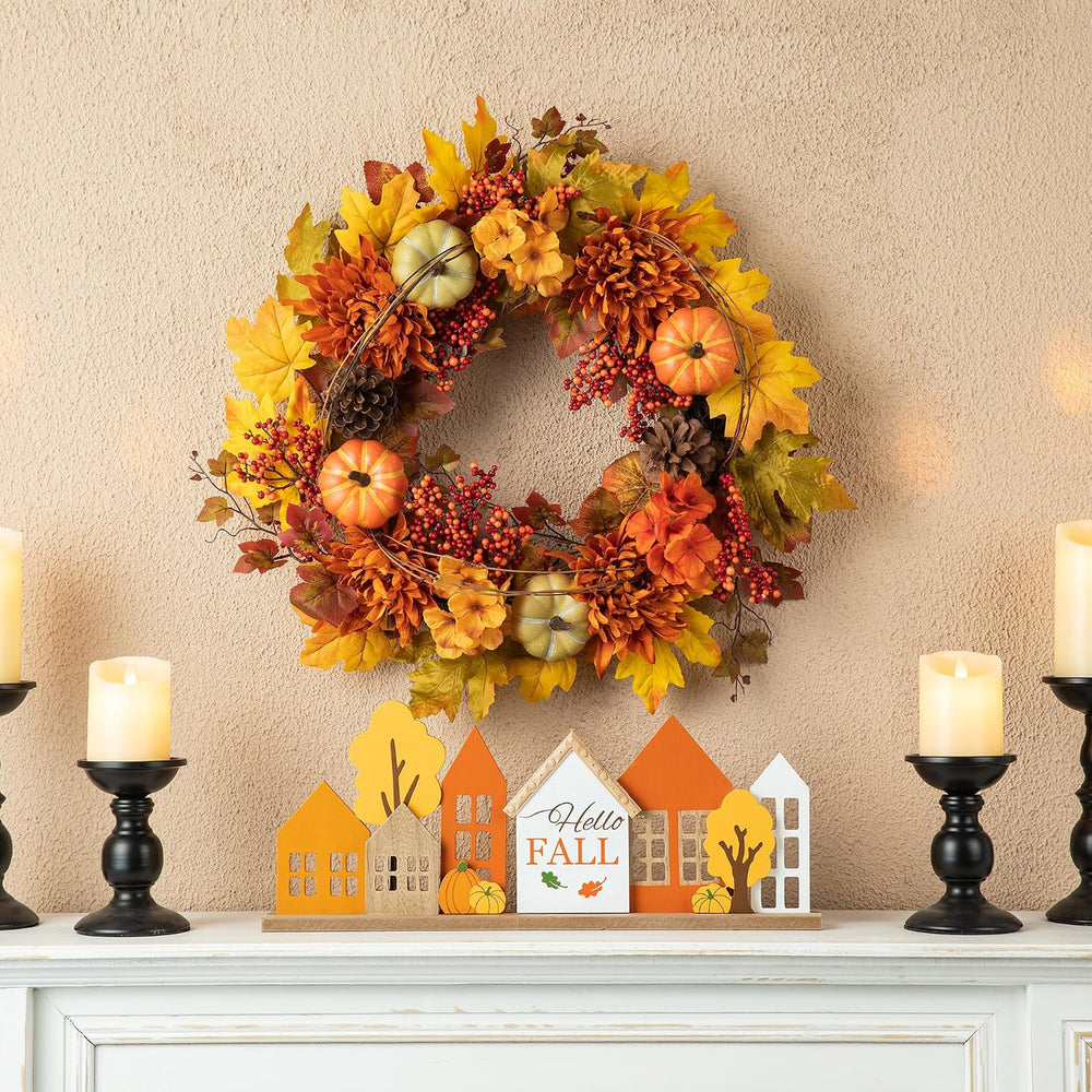 Glitzhome 24 inch Artificial Fall Wreath Decor, Autumn Maple Leaf Wreath for ...