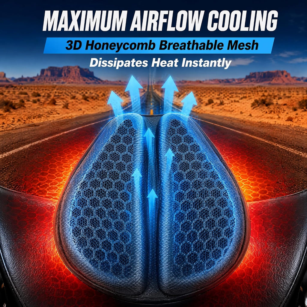 Hexrider Motorcycle Seat Cushion, 3D Honeycomb Cooling Gel Pad for Long Rides, Universal Non-Slip Shock Absorbing Seat Cover for Motorcycle Accessories, Foldable Breathable Cushion for Rider 1