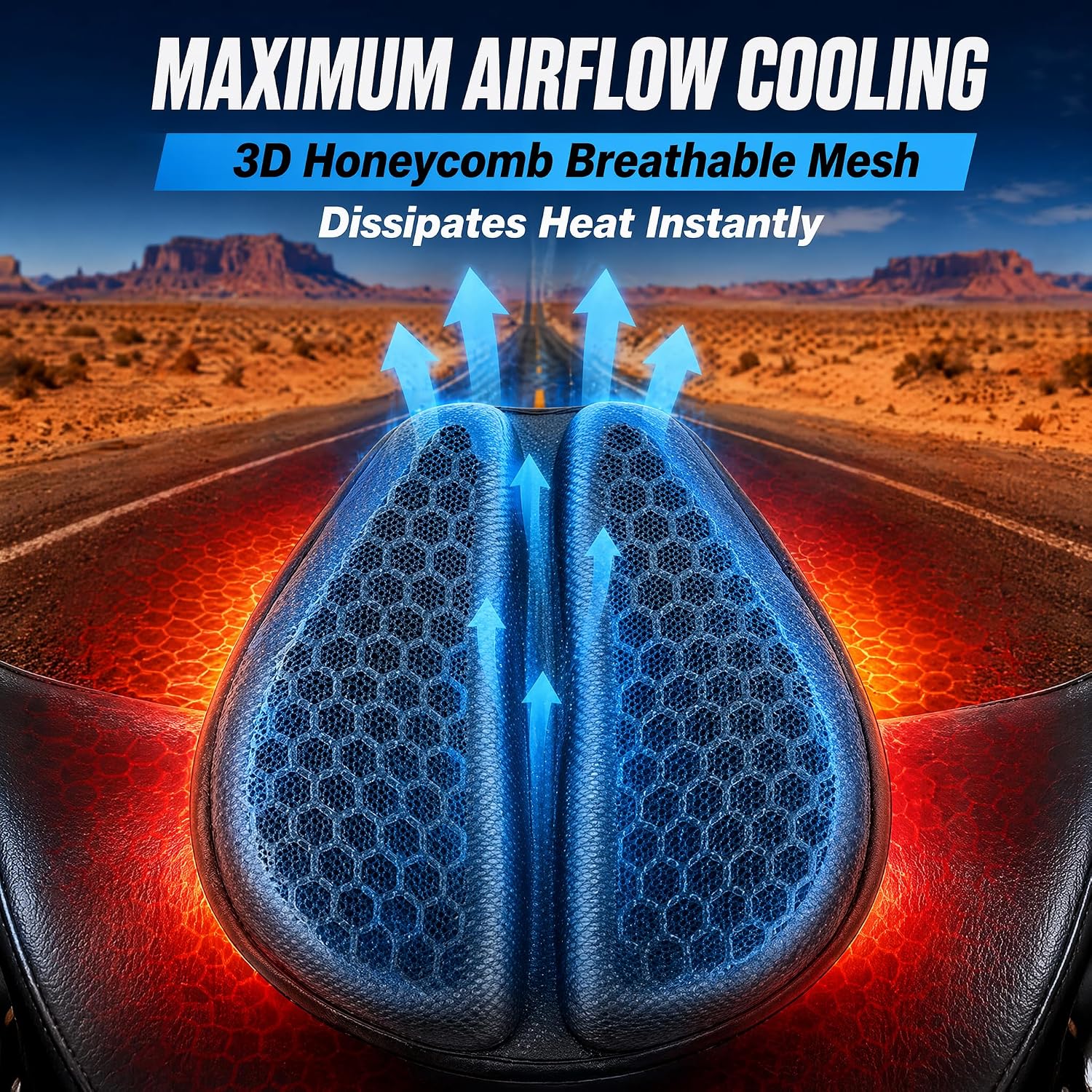 Hexrider Motorcycle Seat Cushion, 3D Honeycomb Cooling Gel Pad for Long Rides, Universal Non-Slip Shock Absorbing Seat Cover for Motorcycle Accessories, Foldable Breathable Cushion for Rider 1