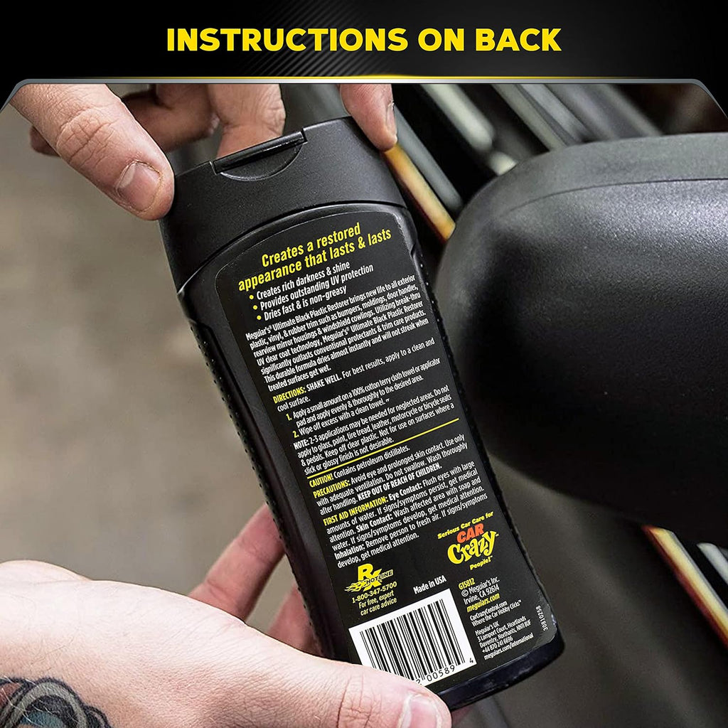 Meguiar's Ultimate Black Plastic Restorer, Durable Car Restorer for Faded Black Plastic, Vinyl, and Rubber, Restores Deep Color and Shine, for Car Guys, 12 Oz