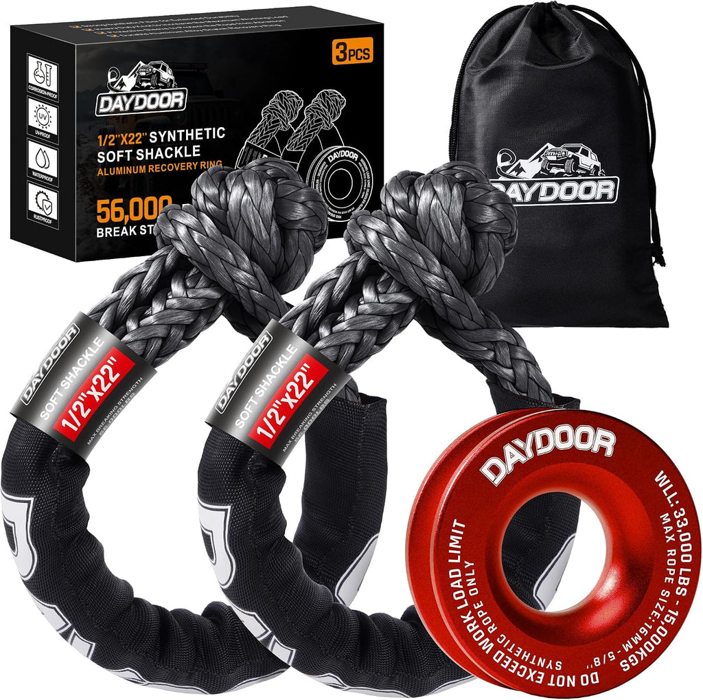 DAYDOOR 56,000 LBS Soft Shackle Recovery Kit, 1/2" x 22" (2-Pack) with 7075 Aluminum Snatch Ring, Winch Accessory for Jeep Wrangler, Bronco, 4Runner, Tacoma, ATV/UTV/Jeeps/SUVs, 4x4 Off-Road(Gray)