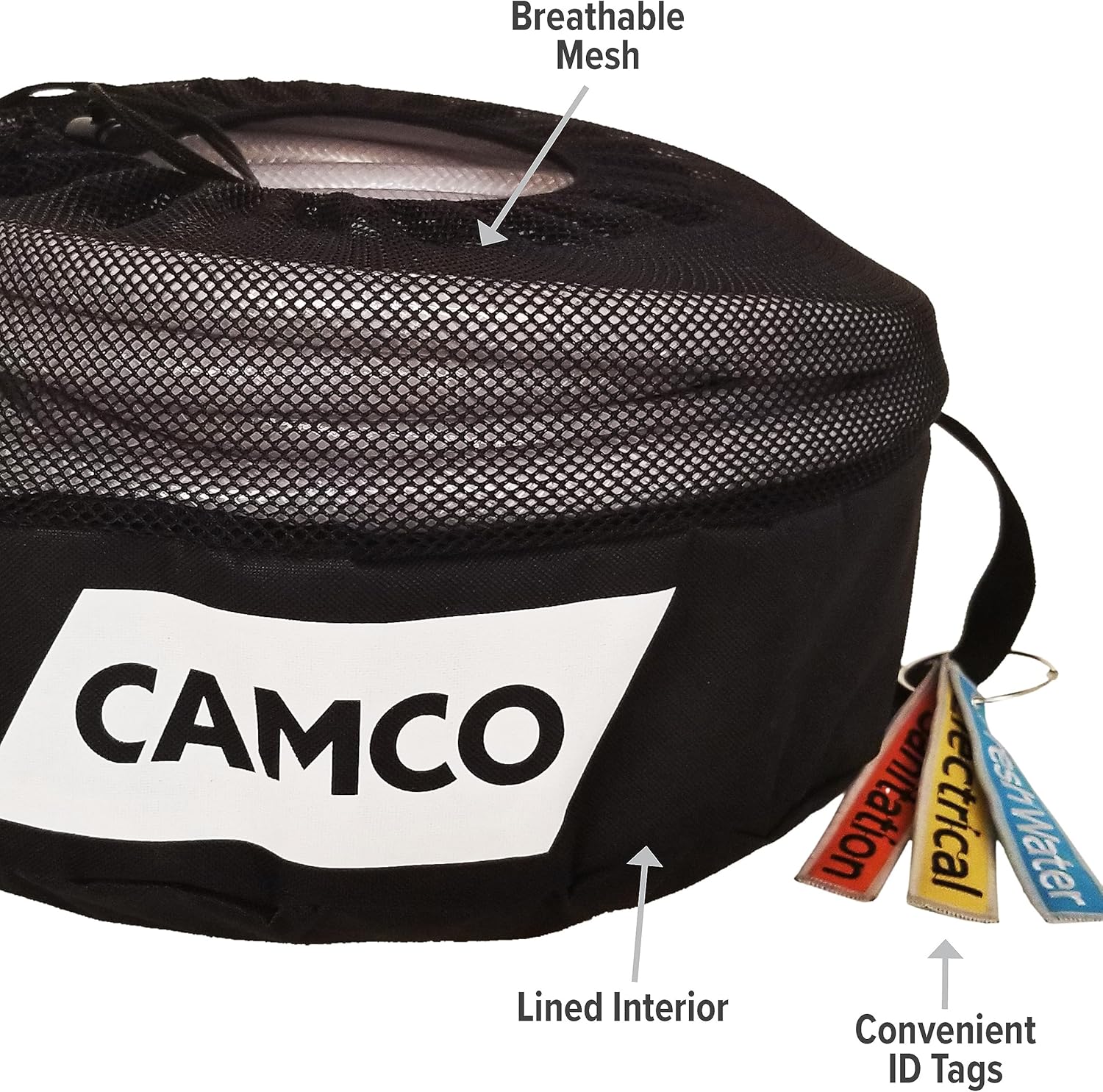Camco Camper & RV Equipment Storage Bag - Features Lined Interior w/Breathable Mesh Top & Barrel Lock Clasp - Includes 3 ID Tags for RV Storage and Organization - 16” in Diameter x 10” Deep (53097)
