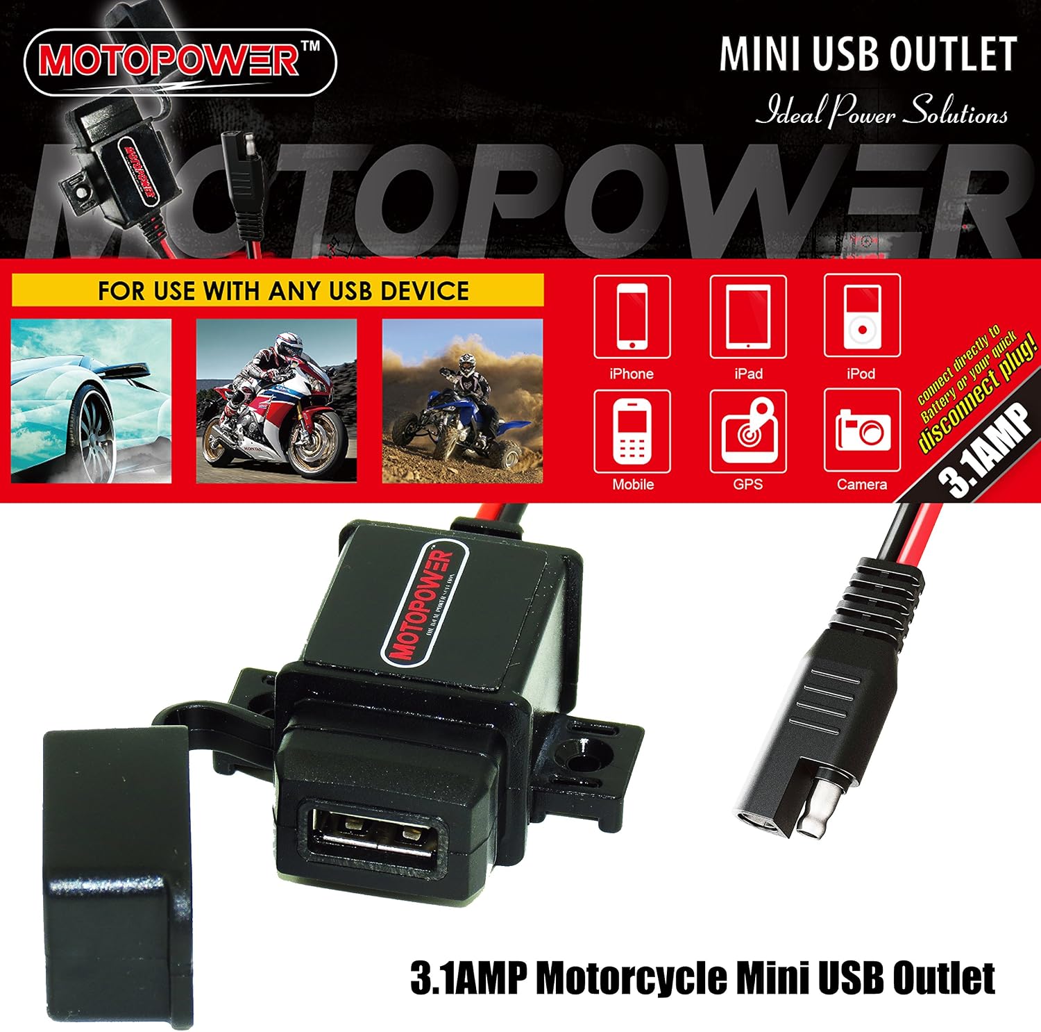 MOTOPOWER MP0609A 3.1Amp Motorcycle USB Port Kit SAE to USB Adapter On Motorcycle