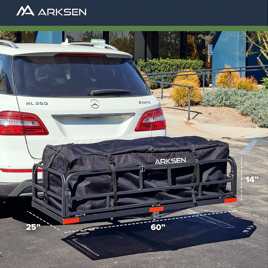 ARKSEN 60" x 25" x 14" Folding Cargo Basket, Cargo Rack Carrier 500 Lbs Heavy Duty Capacity 2 Inch Receiver Luggage Basket Hitch Fold Up for SUV Pickup Camping Traveling