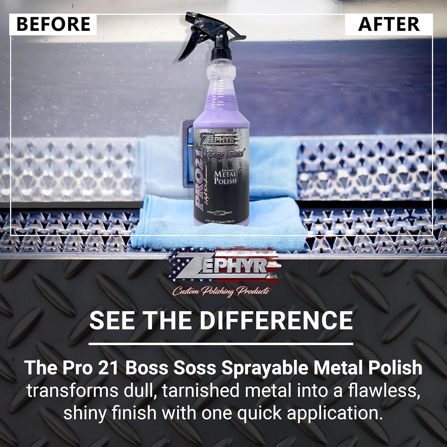 Zephyr - Pro 21 Boss Soss Sprayable Metal Polish - Stainless Steel, Chrome, & Aluminum Polish - Sprayable Metal Polishing for Copper, Silver, Bronze, & More - 32 oz.
