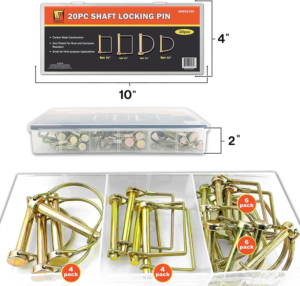 Wellmax 20 Pcs Trailer Hitch Pin in 1/4", 5/16" and 3/8" Diameter Zinc-Plated Heavy Duty Shaft Locking Pin, Trailer Pin for Trailer Lock and Hitch Pin Lock for Farm Lawn Garden Wagons, Gold Color