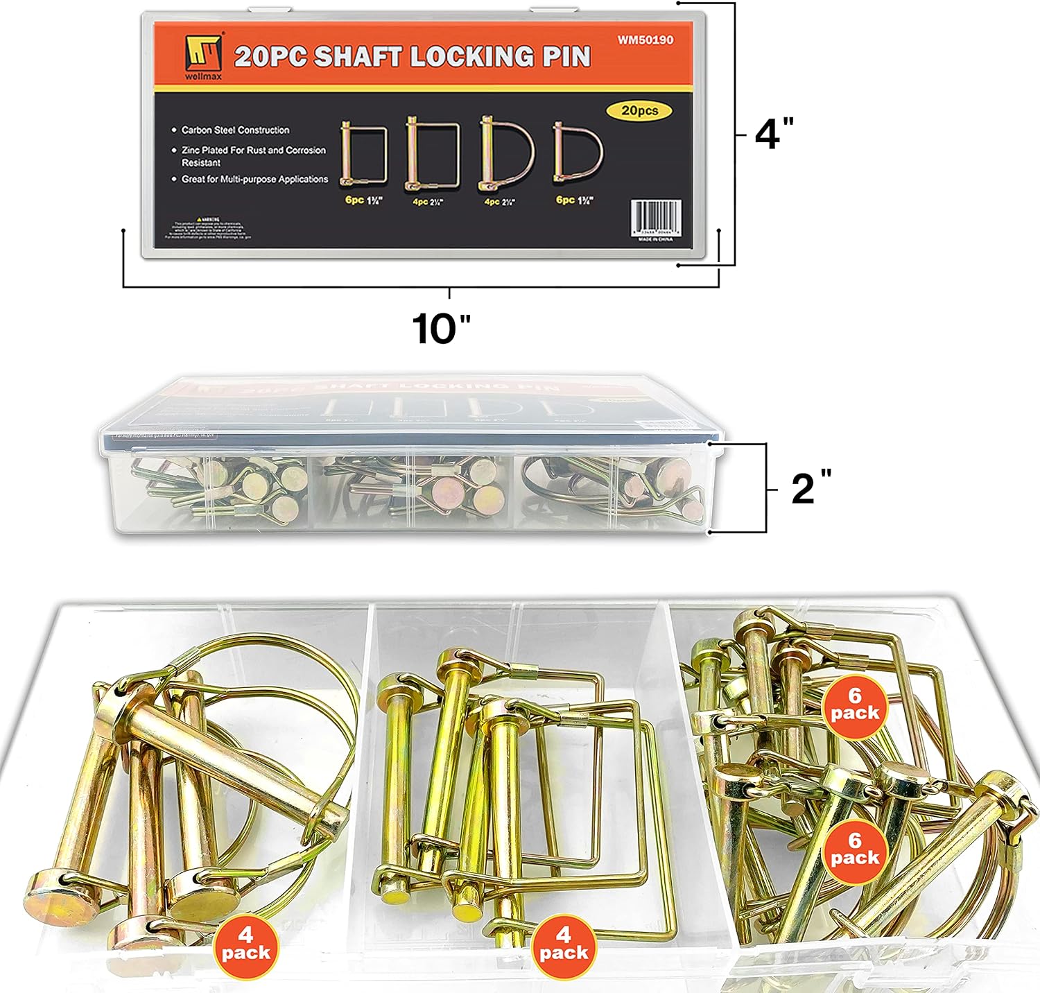 Wellmax 20 Pcs Trailer Hitch Pin in 1/4", 5/16" and 3/8" Diameter Zinc-Plated Heavy Duty Shaft Locking Pin, Trailer Pin for Trailer Lock and Hitch Pin Lock for Farm Lawn Garden Wagons, Gold Color