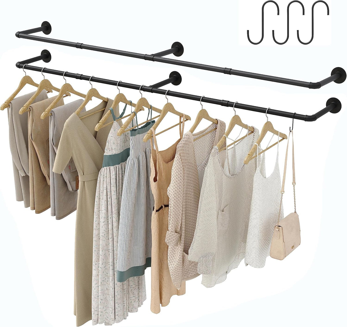 industrial pipe clothes rack with 3 s-shaped hooks, main product view