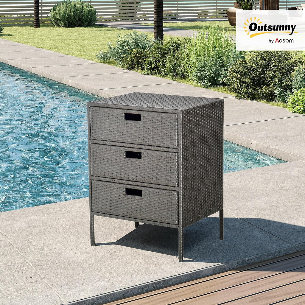 outsunny pool towel rack, pe rattan outdoor towel shown in use