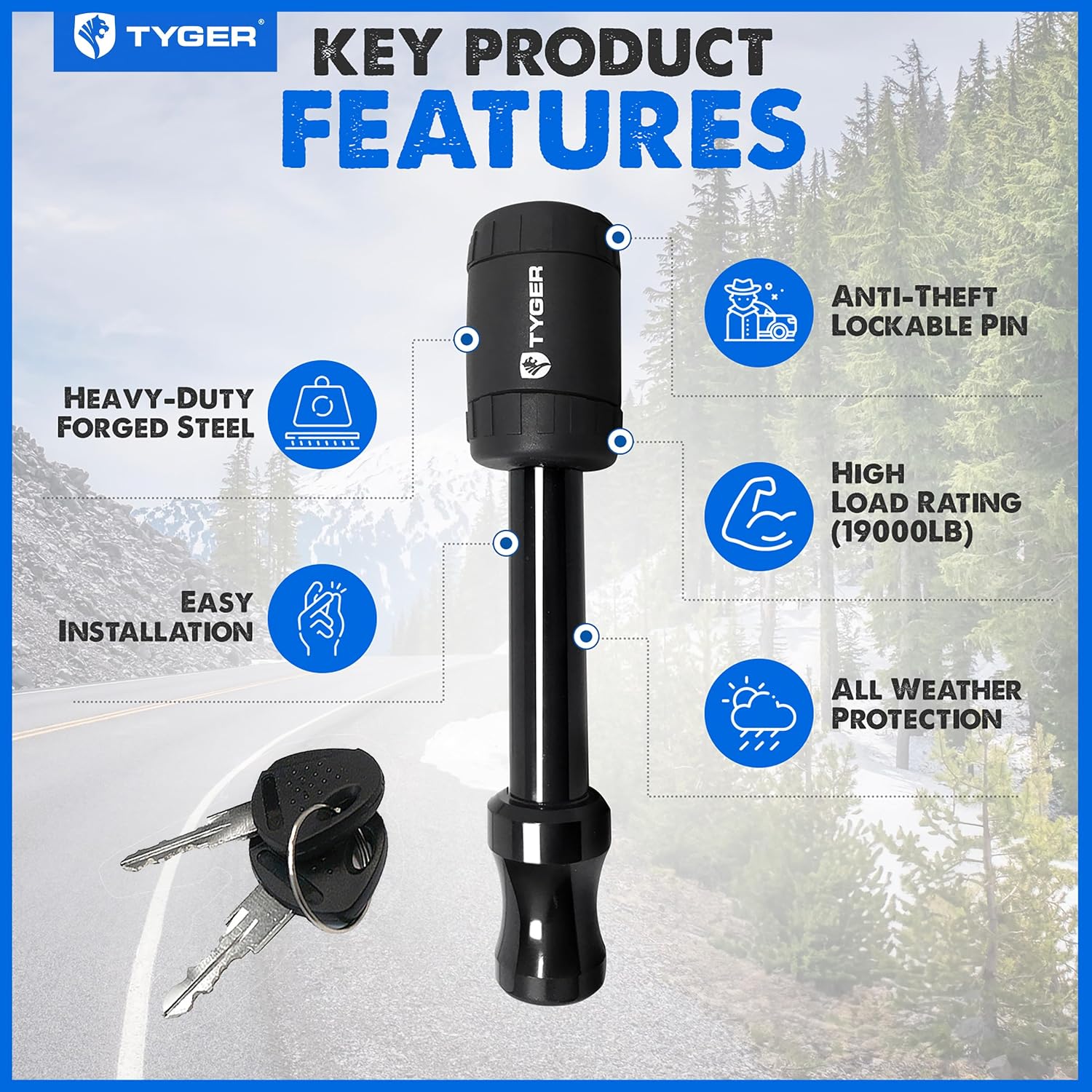 Tyger Auto Solid Hitch Lock Pin with Locking Key - 5/8 inch Pin Holes on 2 inch Receivers | Class III IV V | 19,000 lb Load Rating | TG-HL3U001B | Weatherproof Anti-Theft