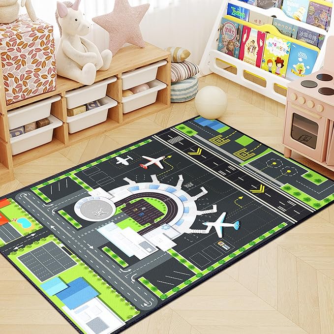 Playmat for Boys Playroom 5'x 6'6" Airport Mat for Kids Bedroom Traffic System - Image 6