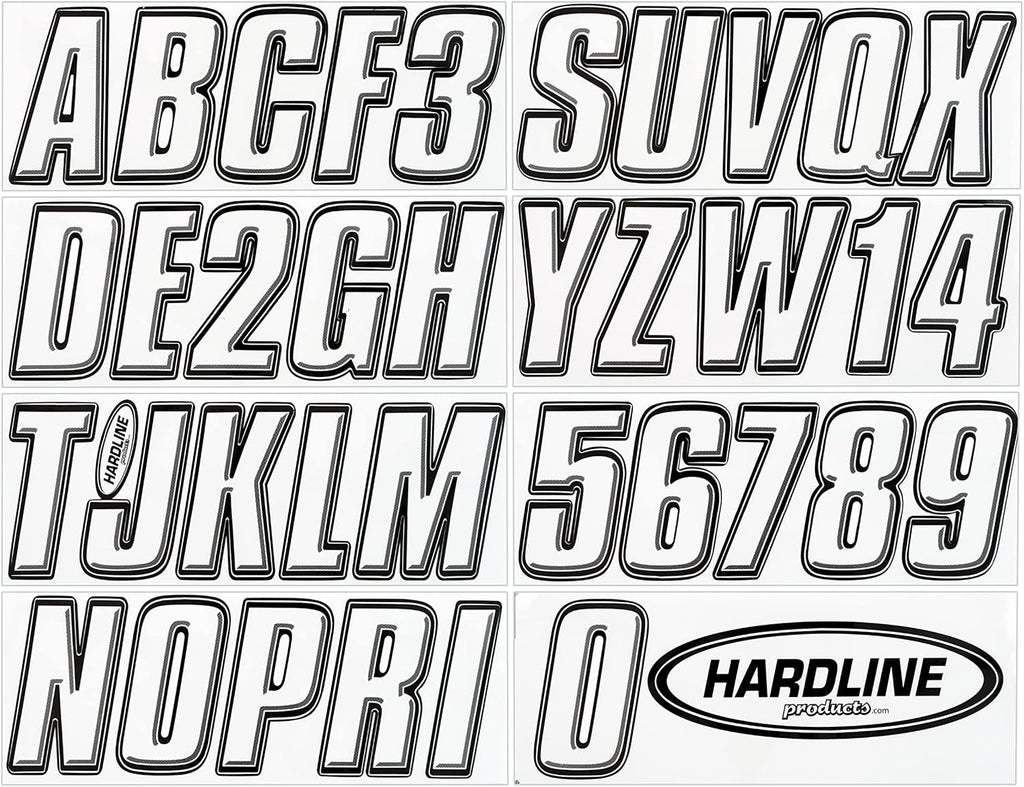 Hardline Products USA Series 800 Boat Registration Number Kit – 3-Inch White & Black Marine Lettering – USCG Compliant – Fuel & Fade Resistant Vinyl Decals for Boats & PWCs – Complete Set A-Z 0-9