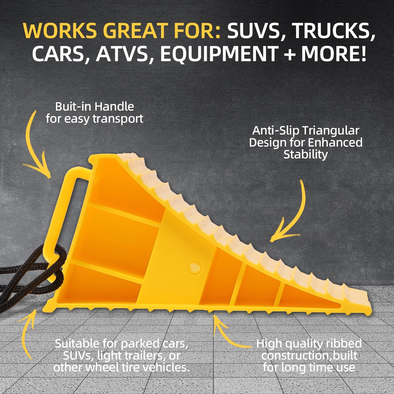 Homeon Wheels RV Camper Large Wheel Chocks Extra Wide with Handle and Rope for Travel Trailers, Cars, Tire Chocks Blocks 2 Packs Hard Plastic Heavy Duty(Yellow)