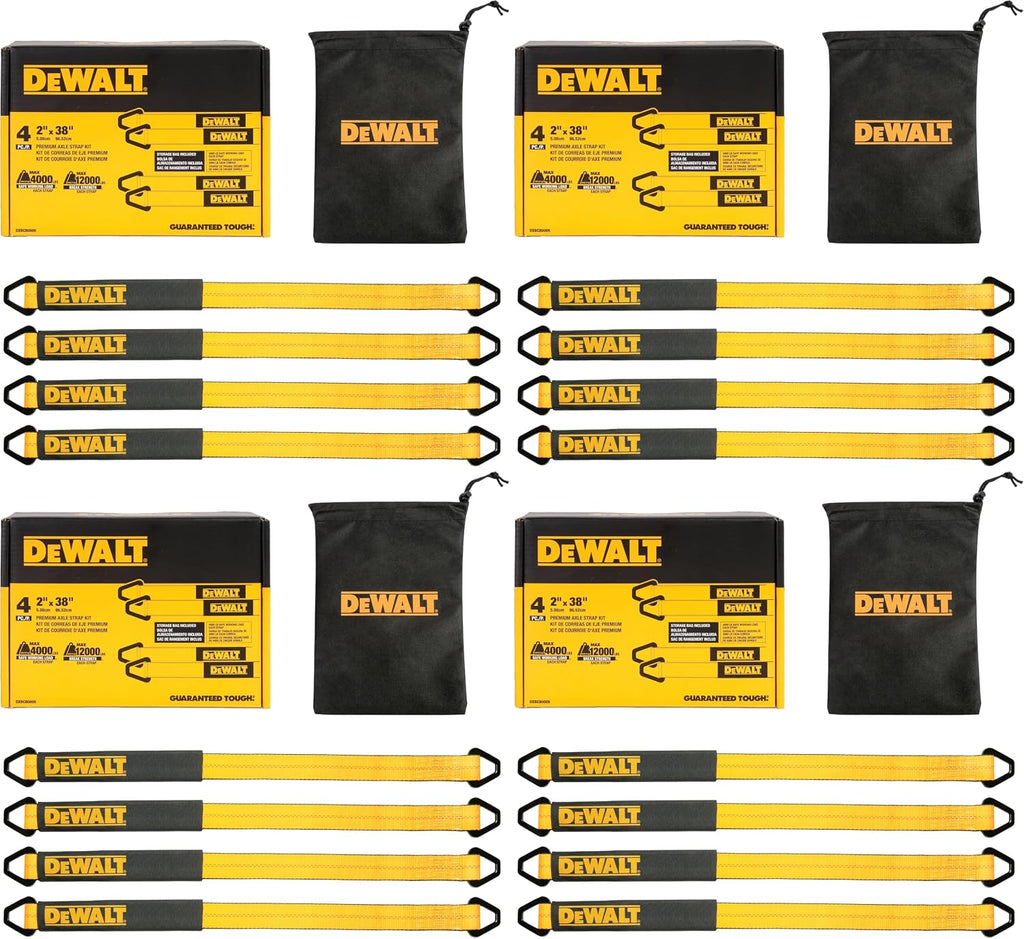 DEWALT DXBC80005 Black/Yellow 2" x 38" Premium Axle Tie Down Strap Kit (12,000 lb Break Strength) - Heavy Duty Protective for Truck, Trailer, ATV, UTV (Pack of 16)