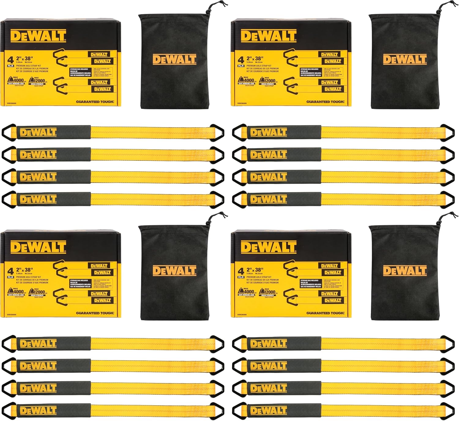 DEWALT DXBC80005 Black/Yellow 2" x 38" Premium Axle Tie Down Strap Kit (12,000 lb Break Strength) - Heavy Duty Protective for Truck, Trailer, ATV, UTV (Pack of 16)