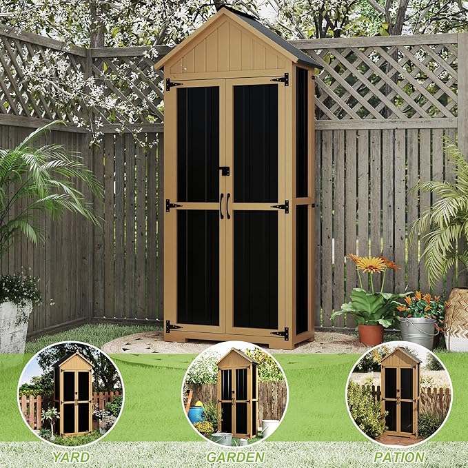 Outdoor Storage Cabinet with Shelf, Wood & Metal Storage Shed with Lockable - Image 6